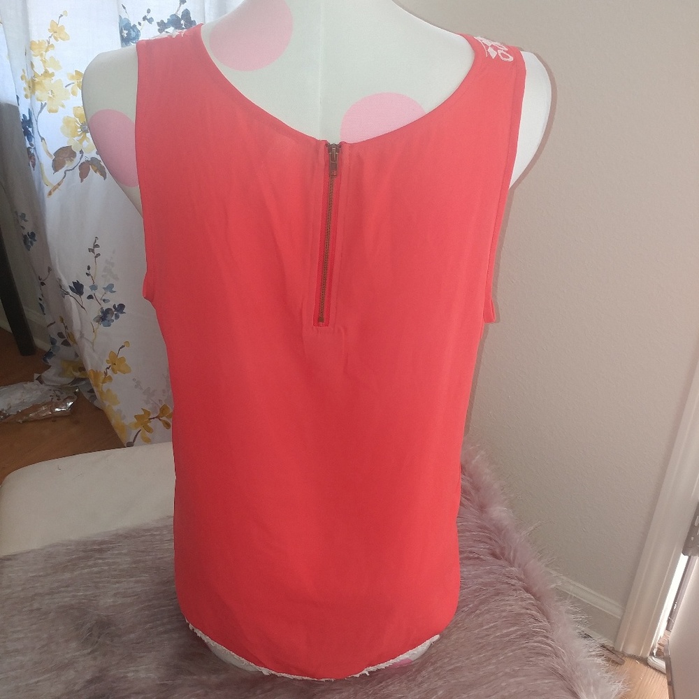 Xhilartion | summer neon vacation V neck zip back coral embroidered top XL - Picture 5 of 8